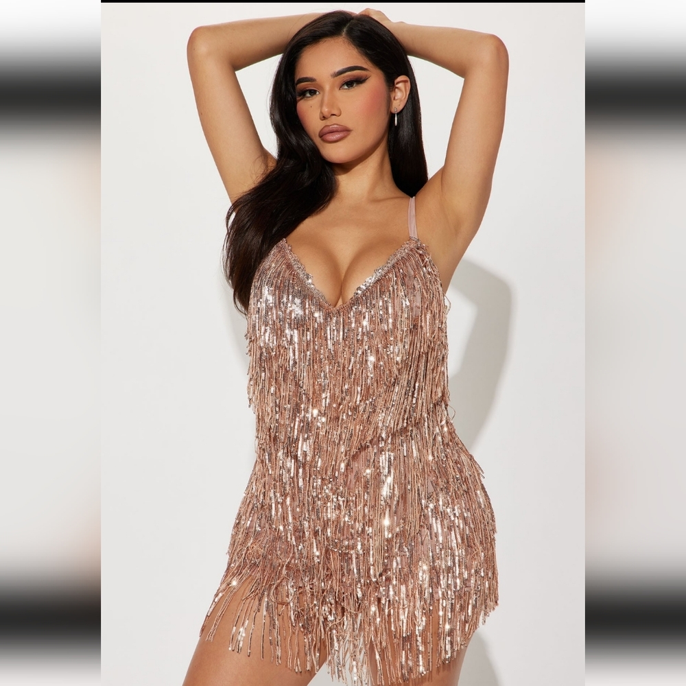 Selena Sequin Rose Gold Fringe dress